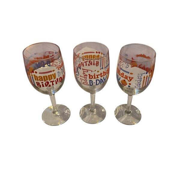 Happy Birthday Wine Glasses Set of 3 Colorful Party Celebration Printed Stemware - Picture 2 of 6